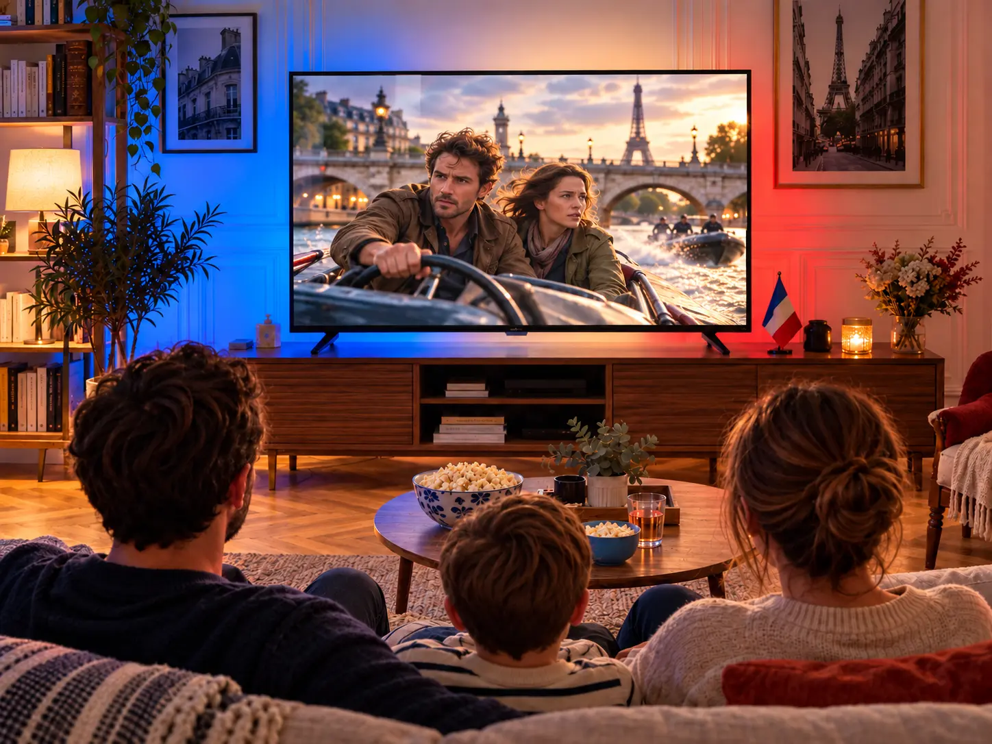 Une famille regarde un film à la télévision dans un salon aux couleurs de la France