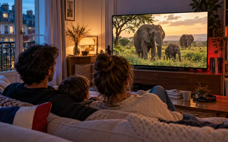 Une famille regarde un documentaire animalier à la télévision