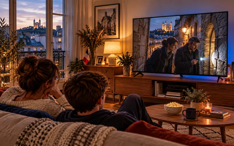 Un couple regarde un film dans son salon
